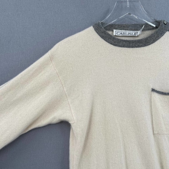 CARLISLE Sweater Womens L Cream Gray 100% Cashmere Vintage Long Sleeve Crew Neck - Picture 7 of 8